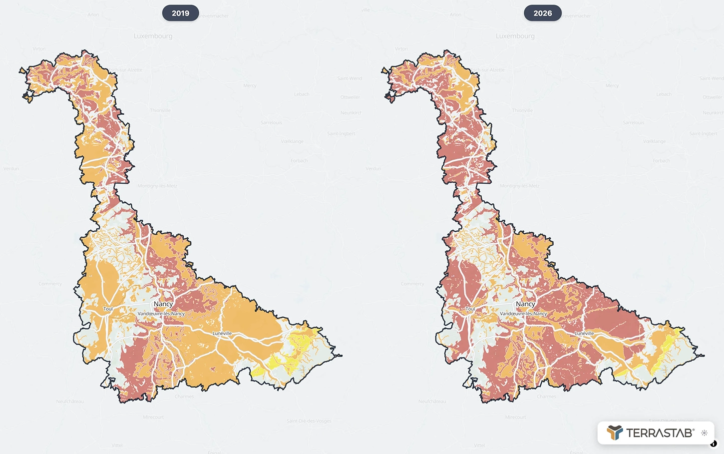 Comparaison des cartes RGA de la Meurthe-et-Moselle 2019 et 2026