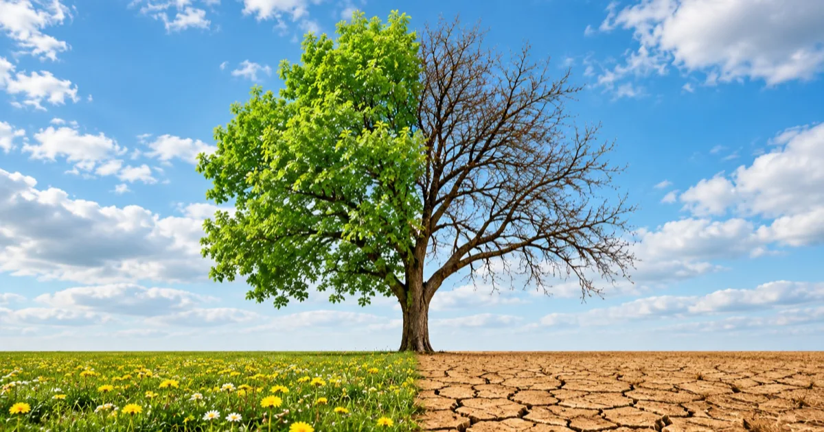 Un arbre dont la moitié gauche est verte au-dessus d'une prairie fleurie et la moitié droite desséchée au-dessus d'une terre craquelée, illustrant l'alternance entre sécheresse et pluie.
