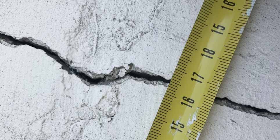 Gros plan d'une fissure évolutive en façade avec règle de mesure - retrait-gonflement des argiles