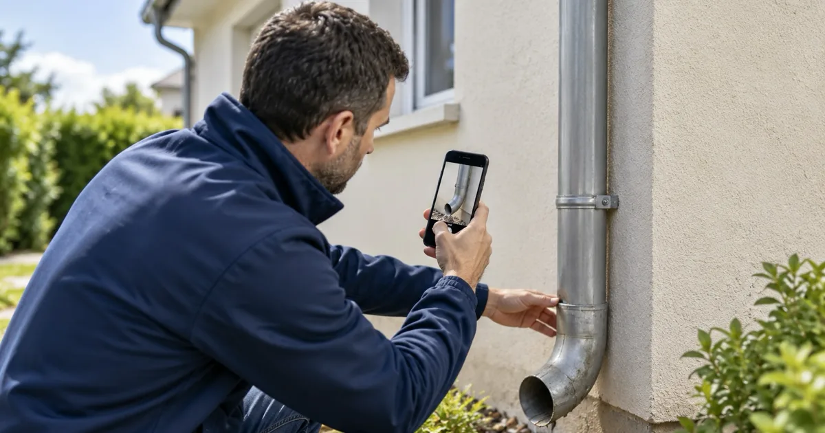 Un technicien photographie avec son téléphone le pied d'une descente d'eau pluviale le long d'une façade, geste type d'un diagnostic de prévention RGA.