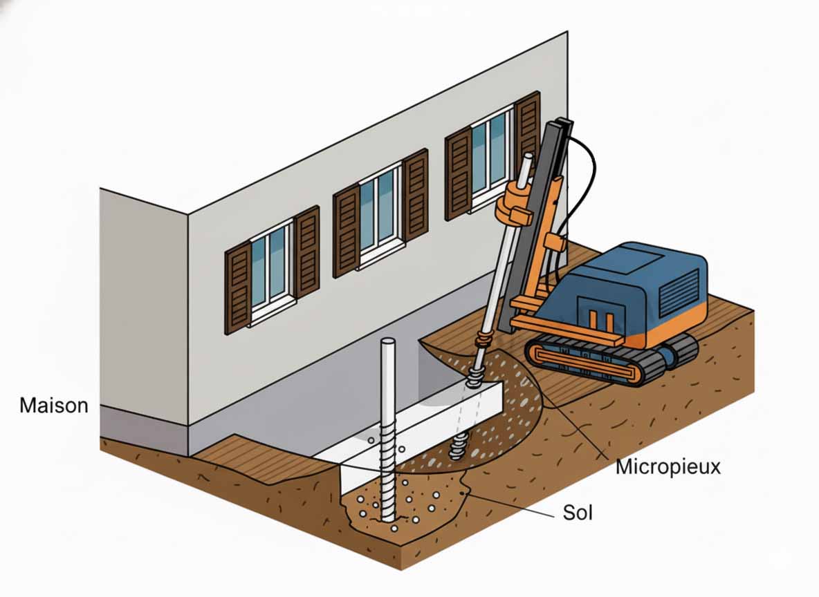 Schéma technique d'un micropieu : coupe montrant l'ancrage en profondeur et les couches de sol